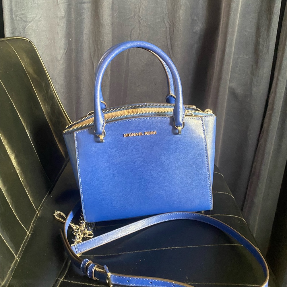 Michael Kors Blue Satchel with Polished Finish and Detachable Strap